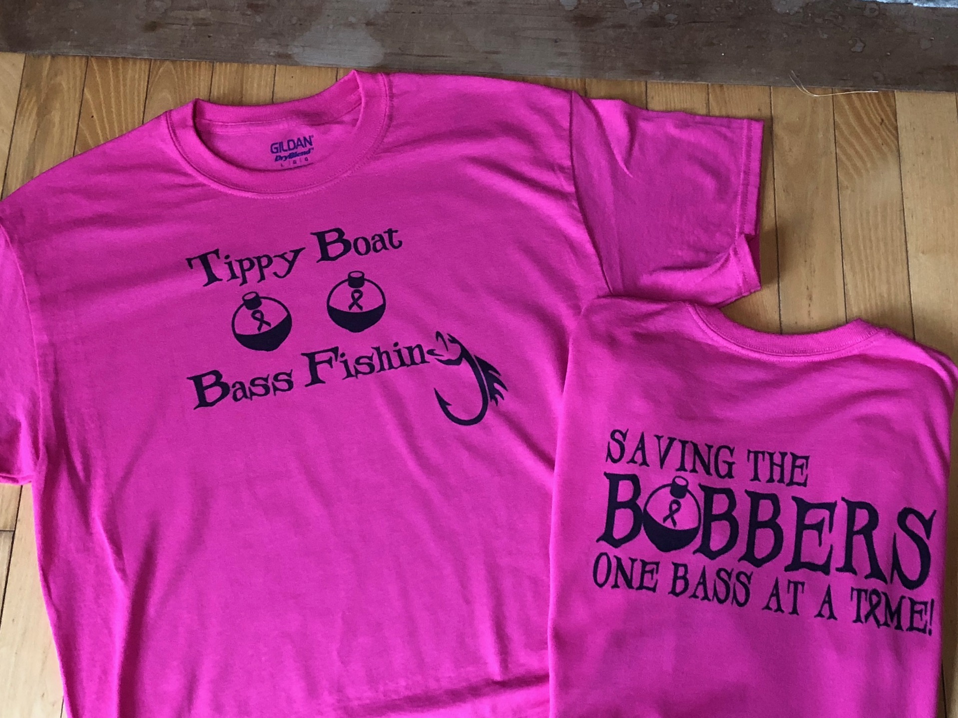 Tippy Boat Bass Fishing Saving the Bobbers Breast Cancer Support Short  Sleeved Tshirt - UNISEX FIT