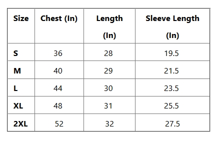 Monag Shirts Size Chart